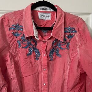 Grace in LA Coral Shirt with Blue Embroidery